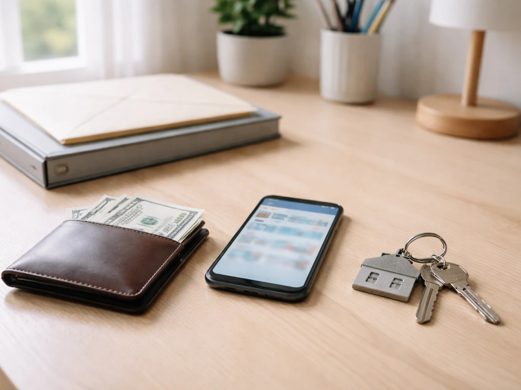 Minimal desk scene with money, keys, and financial items symbolizing assets and liabilities for net worth.