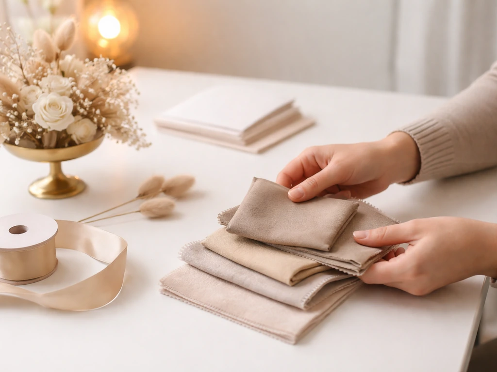 Anonymous hands arranging neutral fabric swatches and decor on an event planning table in natural light.