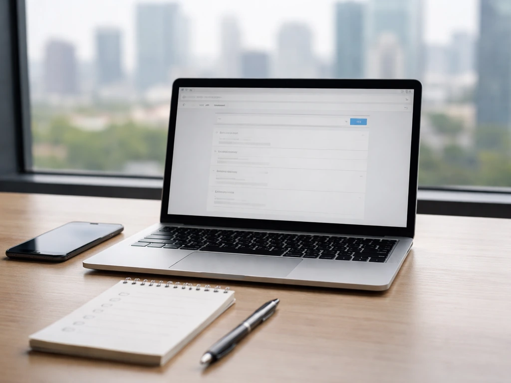 Minimal desk with laptop, phone, blank checklist, and pen for checking business registration records.