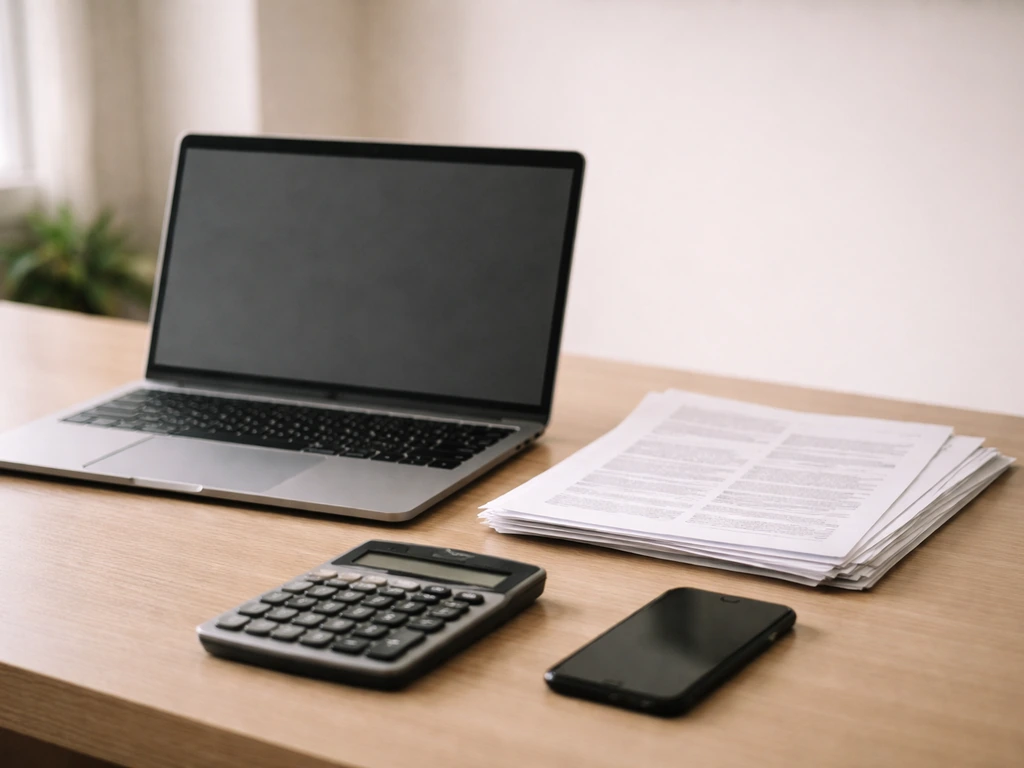 Minimal desk scene with laptop, documents, and a calculator for researching net worth details