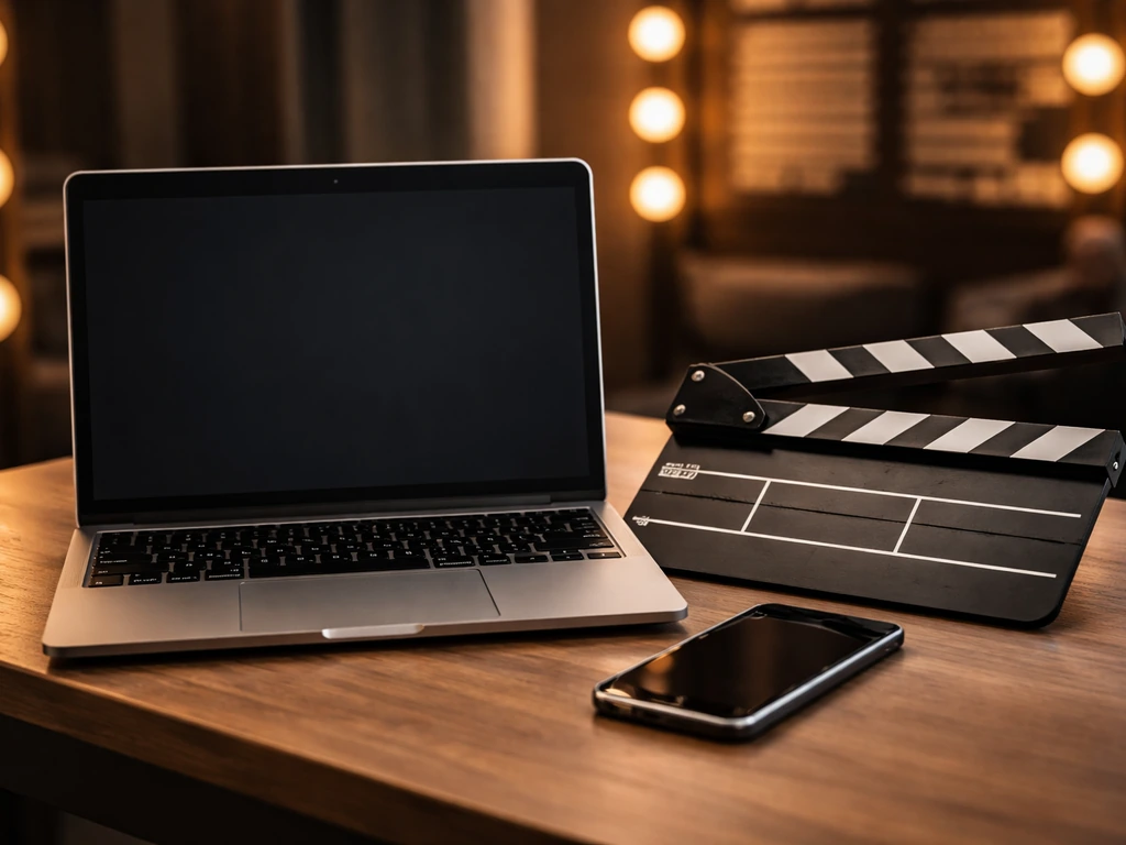 Minimal film-credit scene with clapperboard, open laptop, and phone on a media desk.