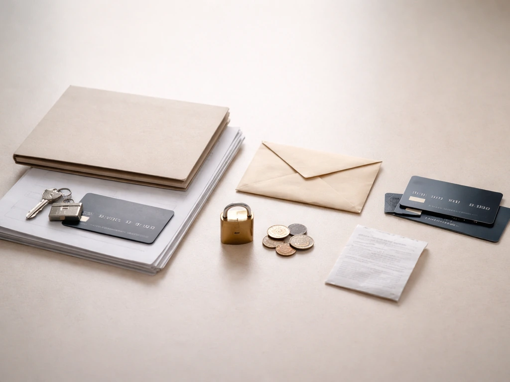 Minimal desk scene with keys, blank bank papers, and loan-related envelopes to symbolize assets minus liabilities.