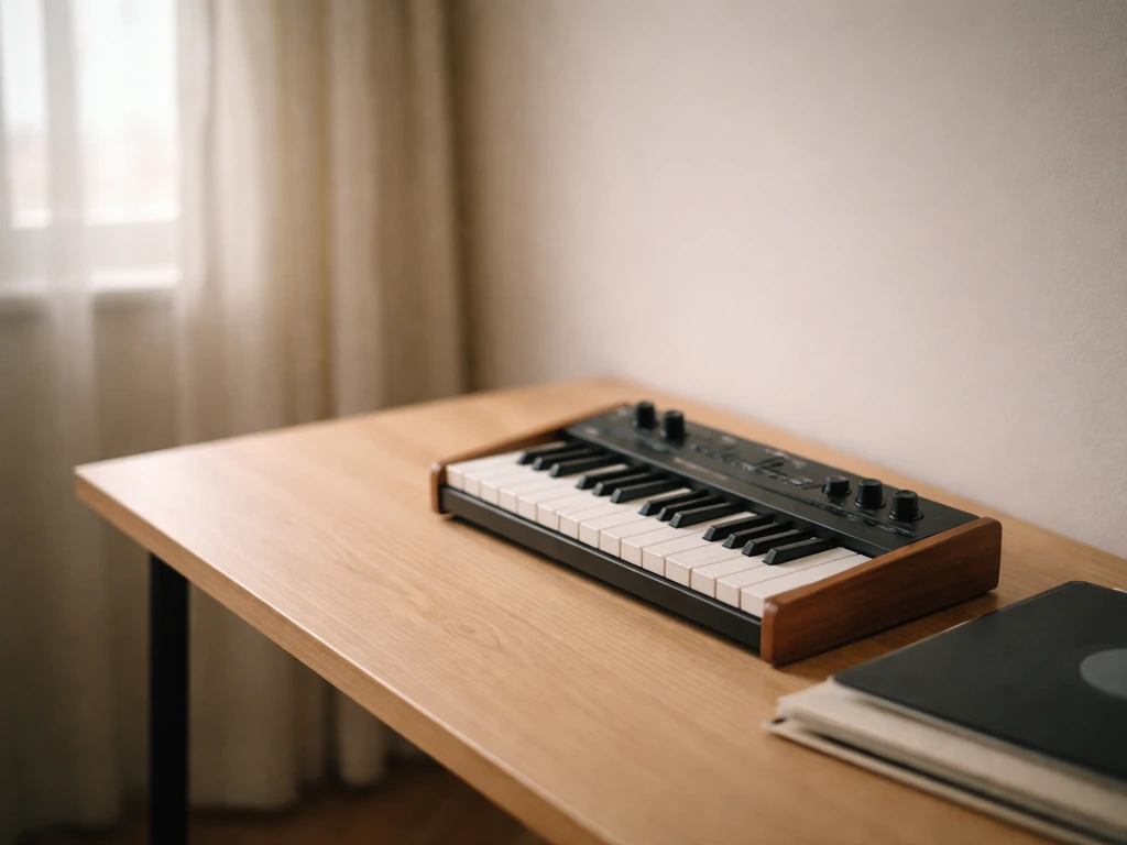 Minimal studio scene with an ambient musician’s keyboard and a few vinyl records, suggesting gradual release momentum.
