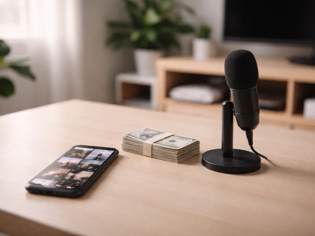 Minimal desk scene with smartphone displaying a social-media-style video grid and a few cash bills nearby.
