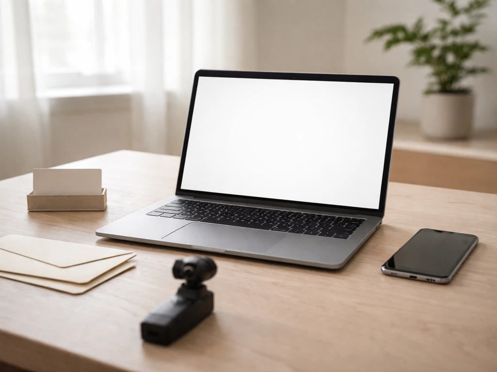 Minimal photo of a laptop with a camera on a desk, suggesting influencer income sources like brand deals