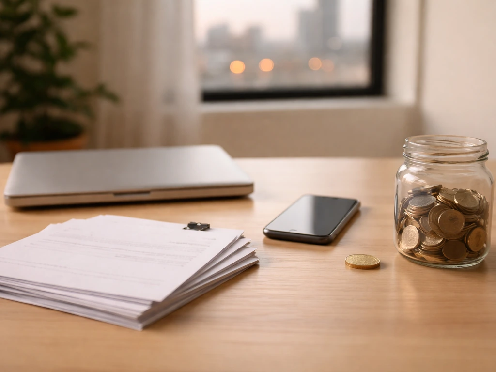 Minimal desk scene with coins, blank invoices, and a smartphone symbolizing variable cameo booking income.