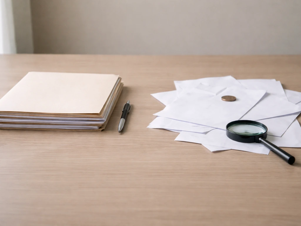 Minimal photo of two folders on a desk: one with careful documents, one with loose papers symbolizing verified vs unveri
