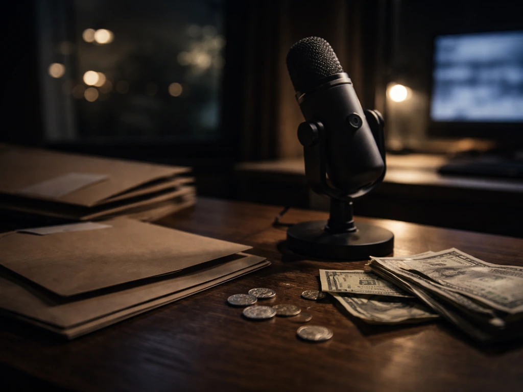Moody true-crime media workspace with a microphone and scattered cash envelopes, symbolizing net worth calculation