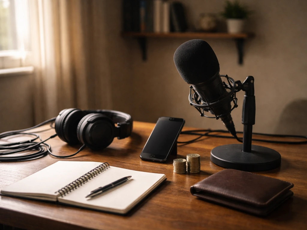 Minimal home studio desk with microphone, headphones, and symbolic coins/wallet, evoking true crime media and net worth