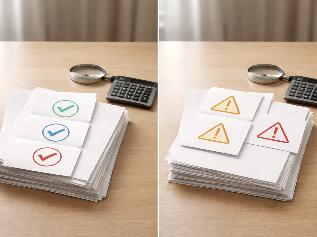 Desk scene with split view showing checkmarks for verifiable items and warning icons for estimates