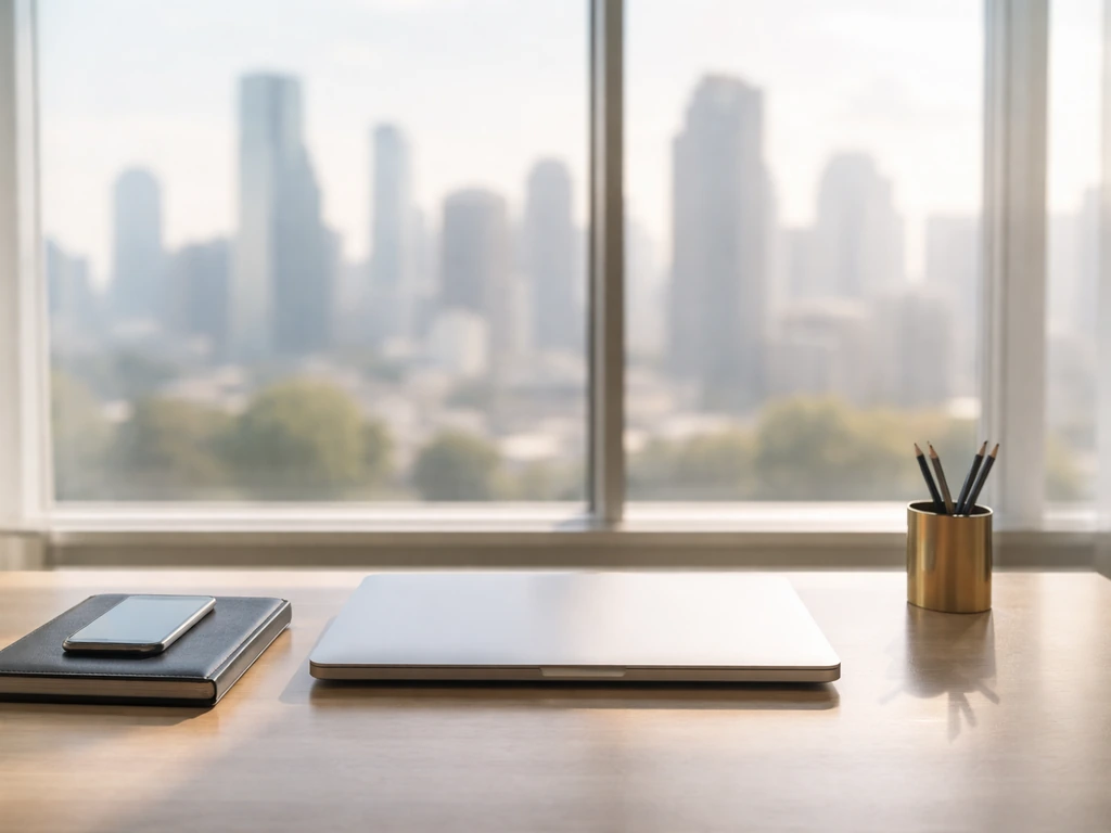Confident corporate office scene with a desktop, laptop, and city skyline symbolizing wealth analysis