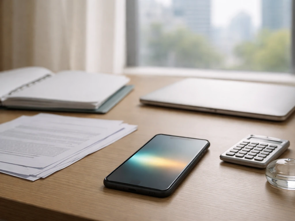 Minimal desk scene with blurred documents and a smartphone showing a subtle money-themed band in the background