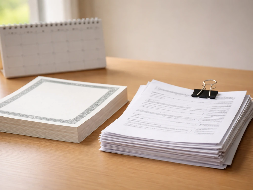 Minimal close-up of a finance-style desk scene with a prominent stack of shares-like certificates and an emphasis on equ