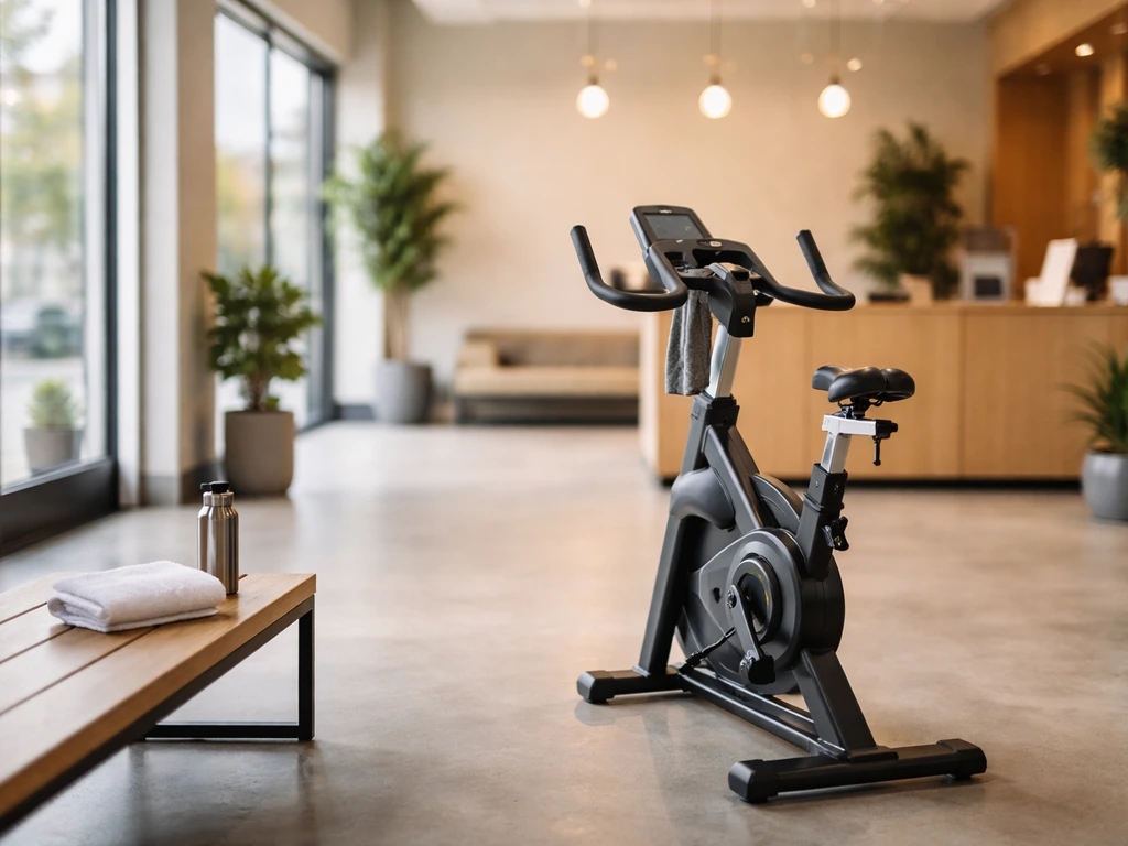 Empty modern fitness studio with a stationary bike and natural light, symbolizing a fitness founder’s world.