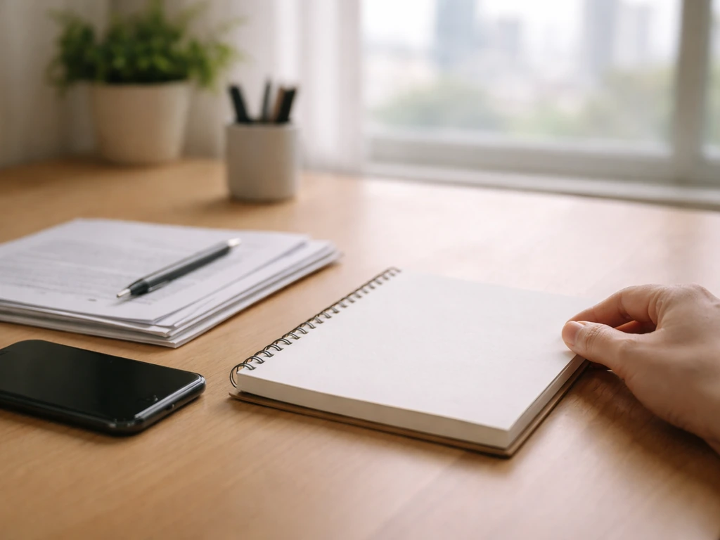 Minimal photo of a desk setup with a notebook, smartphone, and documents symbolizing verifying online claims.