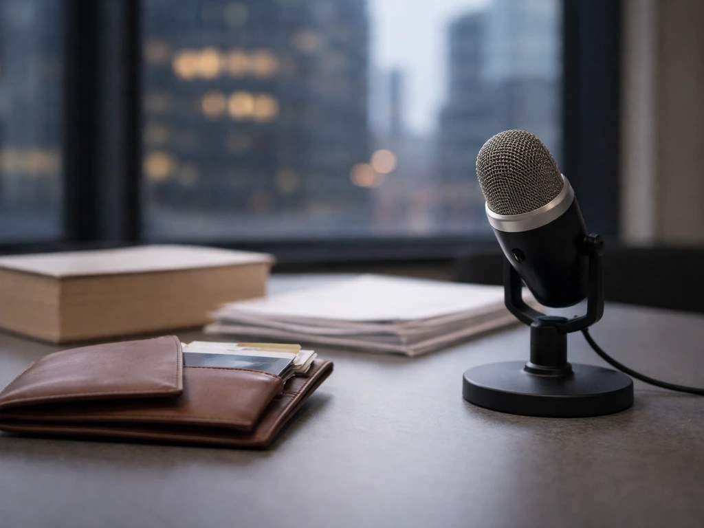 Minimal office desk scene with a microphone and wallet, suggesting verifying the right media identity.