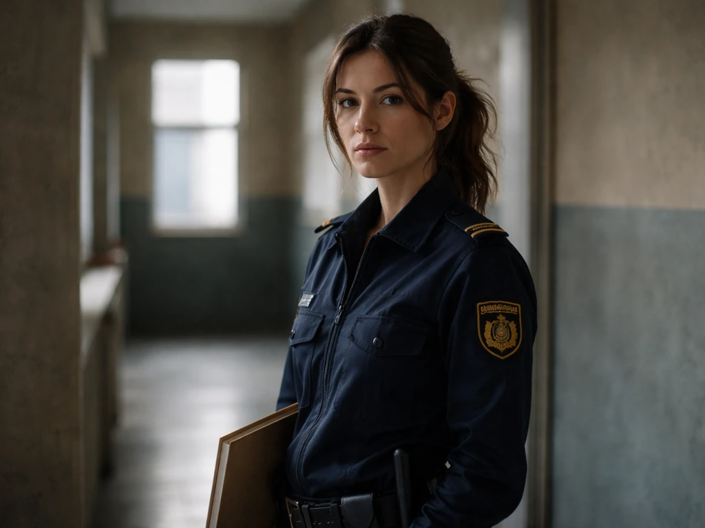 Anonymous actress in a navy police uniform in a quiet station hallway, cinematic publicity-style still.
