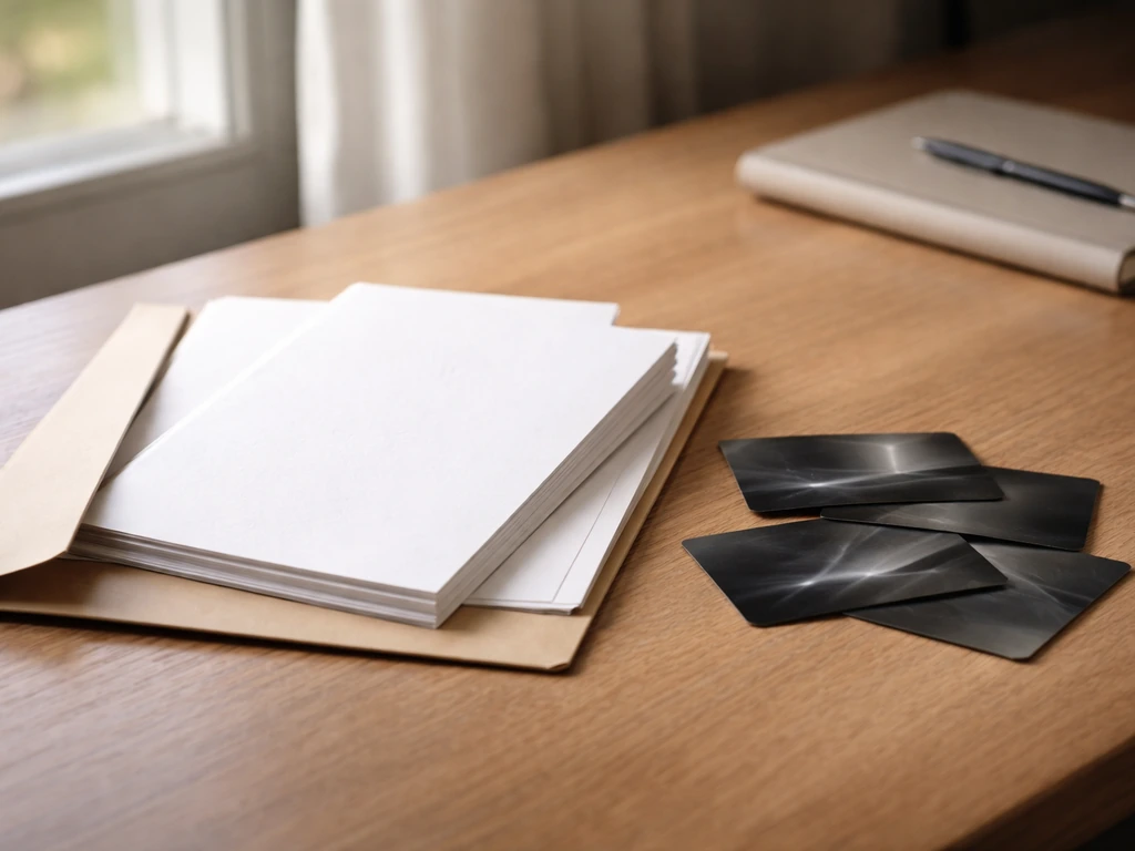 Minimal desk scene with blurred property documents and investment account cards, symbolizing asset components.