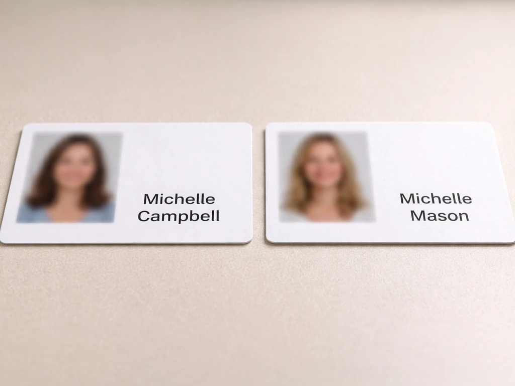 Split photo of two blurred identity cards labeled “Michelle Campbell” and “Michelle Mason” with name confusion vibe.