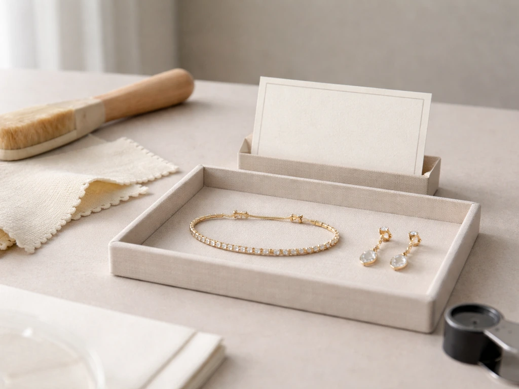 Fine jewelry pieces laid on a studio work surface with tools and a blank label card in soft light.