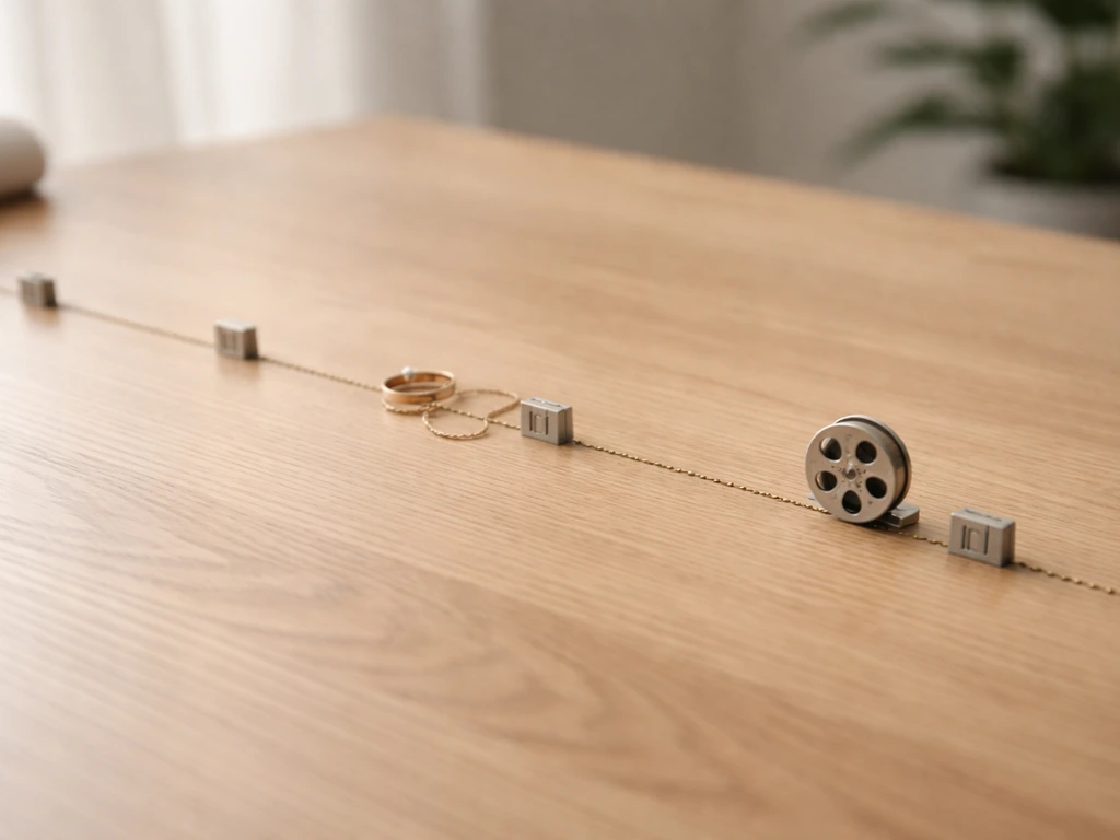 Minimal wooden desk scene with a physical timeline line, gold jewelry, and a small film reel milestone icon.
