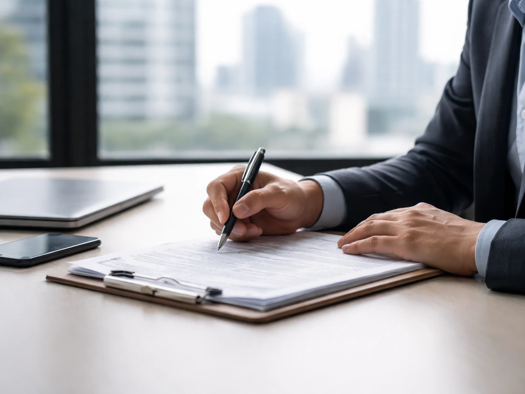 Anonymous corporate attorney reviewing financial documents in a minimalist office setting.