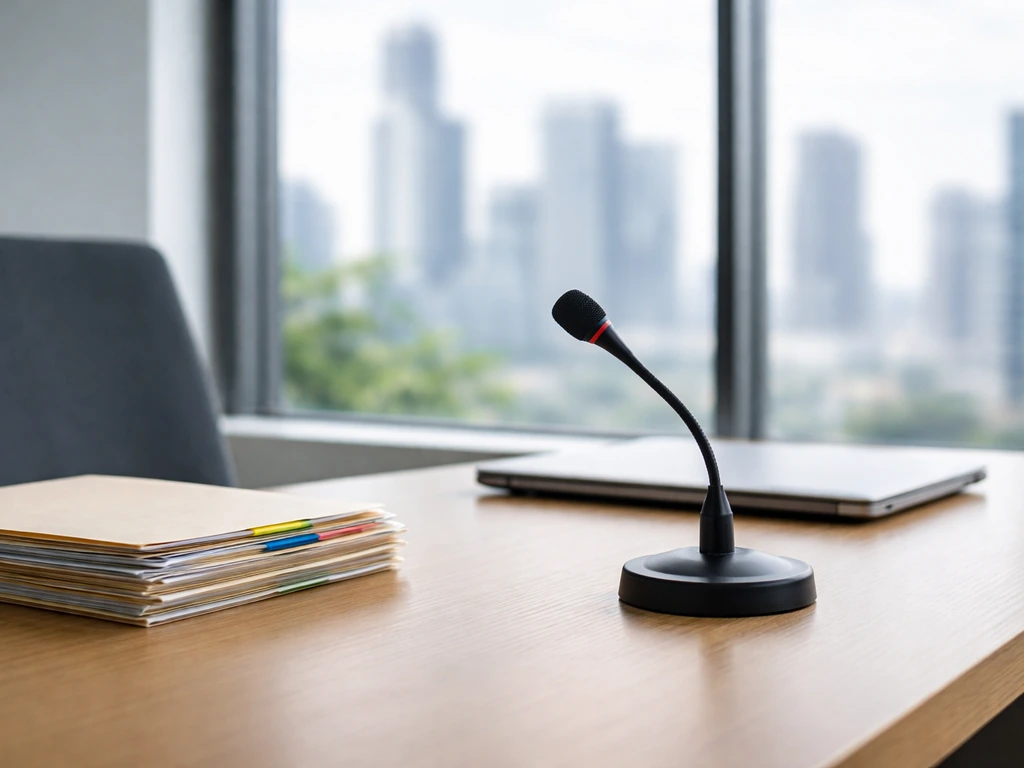 Minimal office scene with a conference microphone and a blurred city skyline, suggesting corporate counsel work