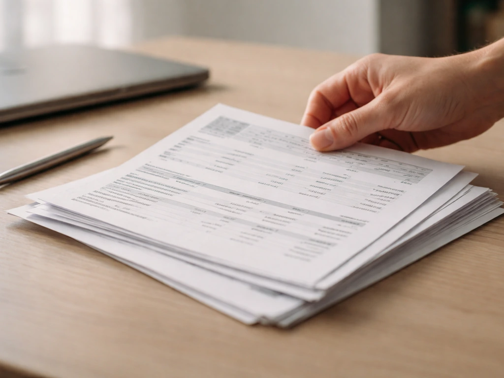 Hand stacking neutral salary and benefits documents beside a closed laptop and pen on a desk