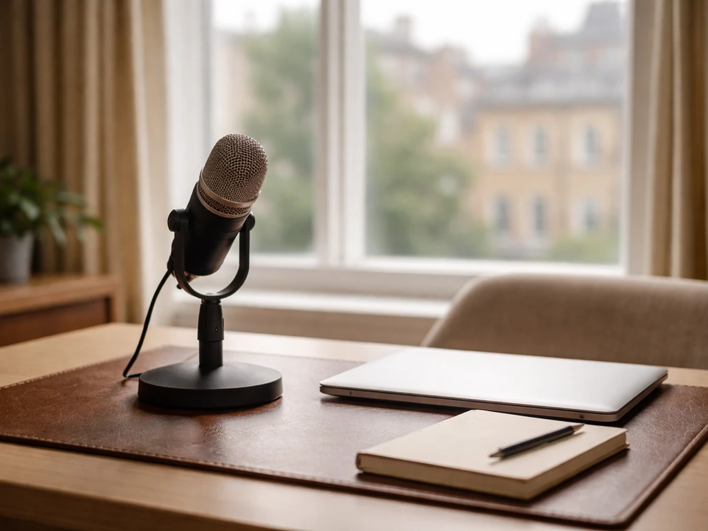 A minimalist broadcaster-style studio desk with a microphone, laptop, and soft city light suggesting media and wealth