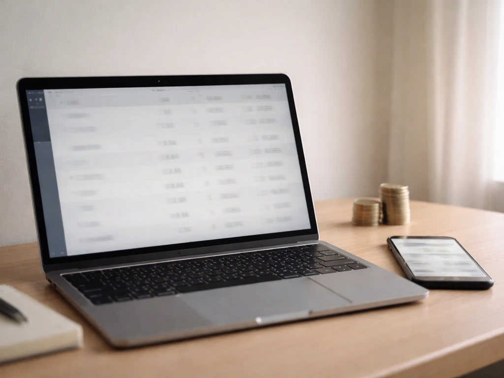 Minimal office desk with a laptop showing blurred changing net-worth-style numbers over time, no readable text