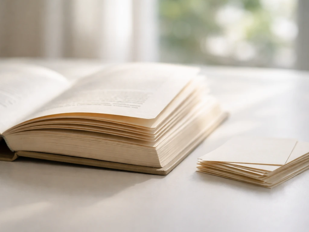 Close-up of an open book on a desk with blank paper slips suggesting book royalties.