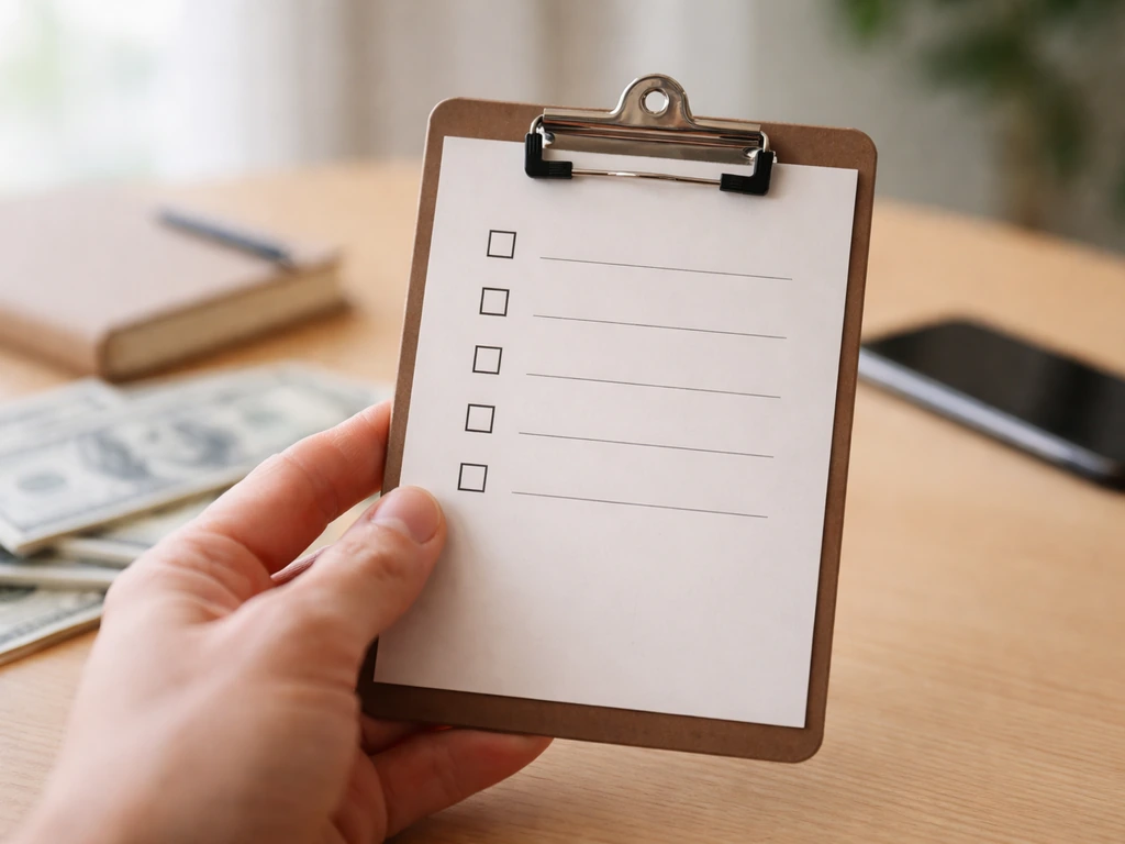 Minimal photo of a person’s hand holding a checklist-style clipboard near cash and a smartphone