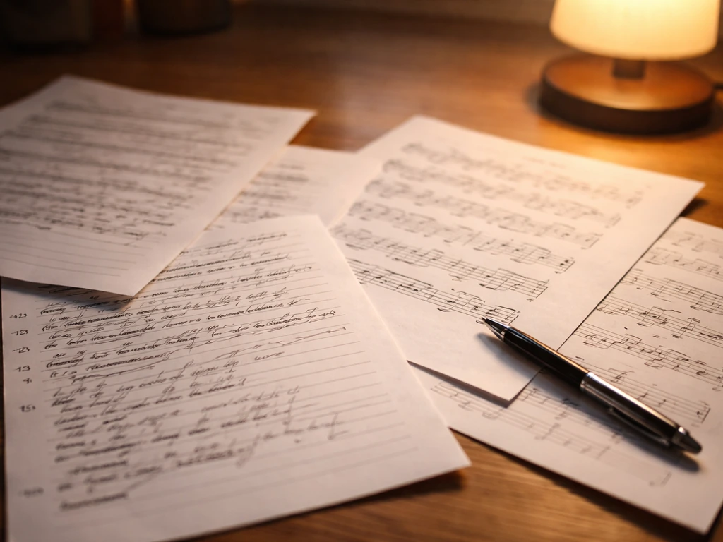 Close-up of handwritten songwriter notes and sheet music pages on a desk, softly lit.