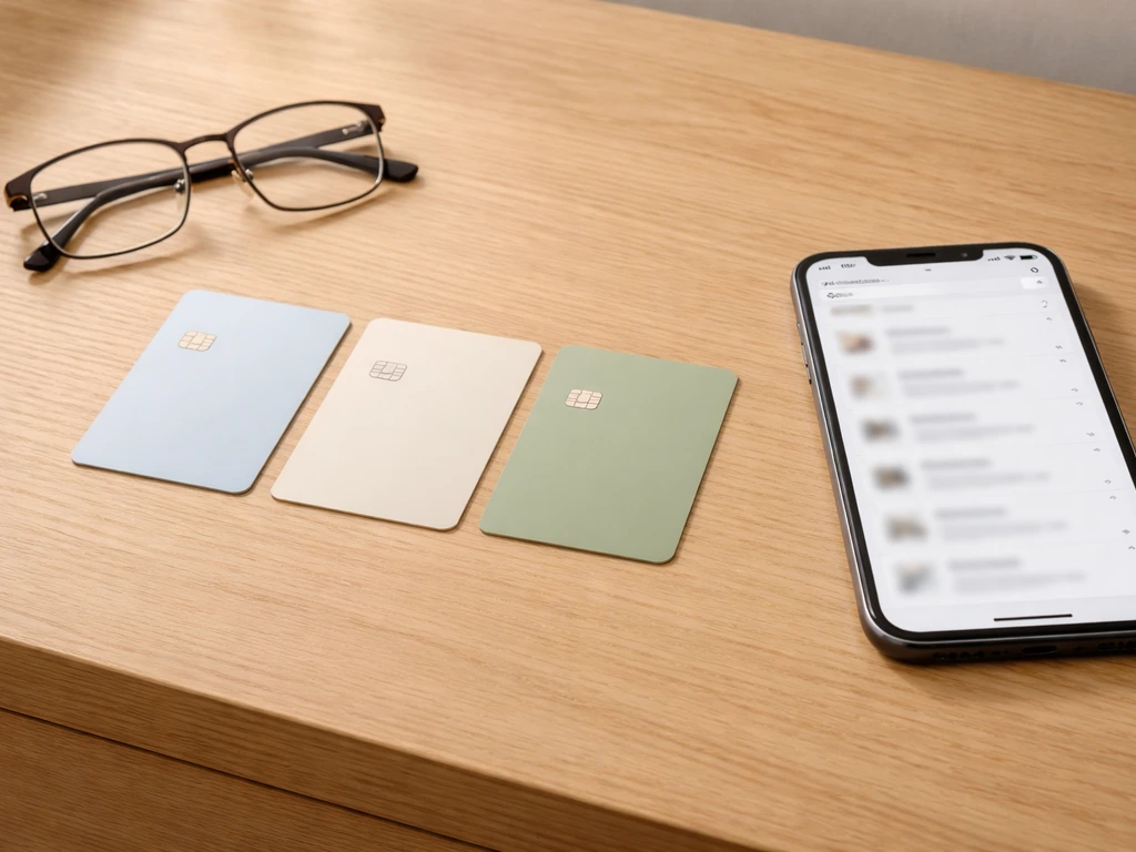 Minimal desk scene with three unlabeled credit-style cards and a phone showing a verification search, no text.