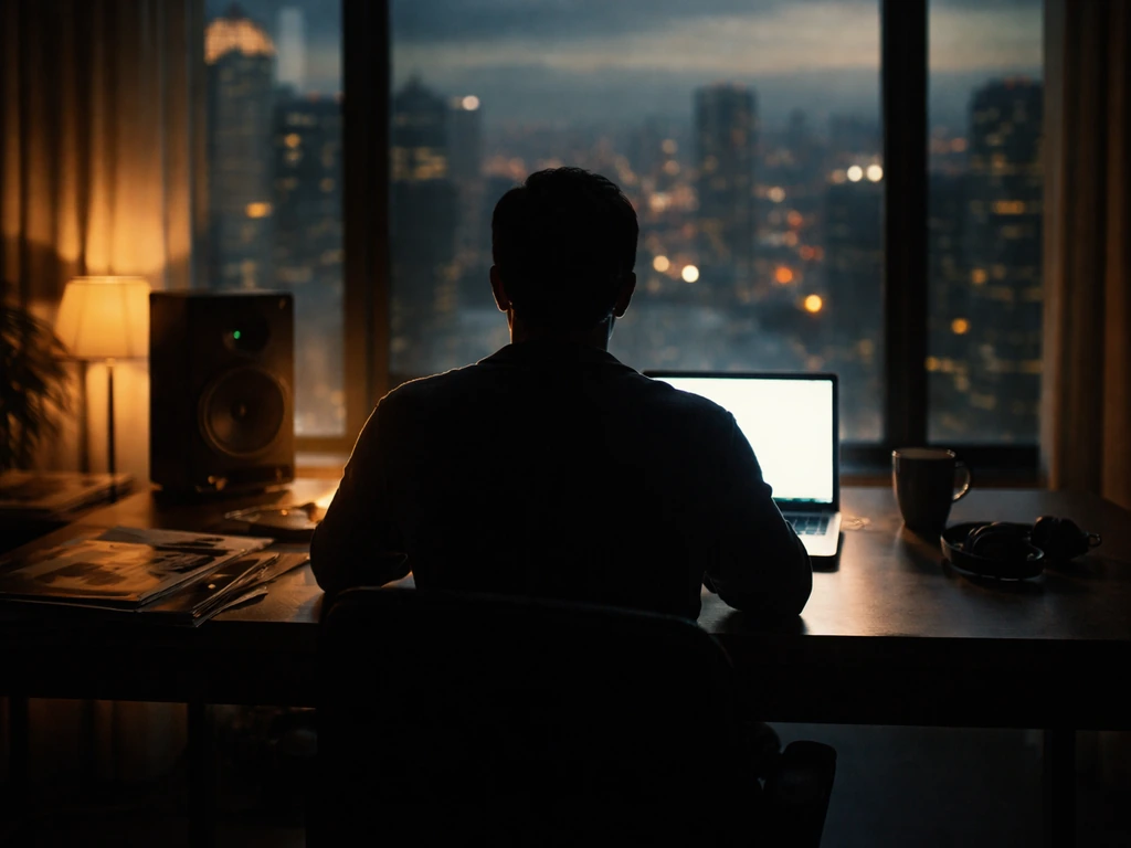 Non-identifiable studio silhouette at an editing desk, warm light and city window, symbolic media and wealth.