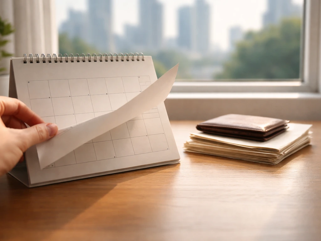 Minimal office desk scene with a small stack of envelopes and a calendar-style page turning