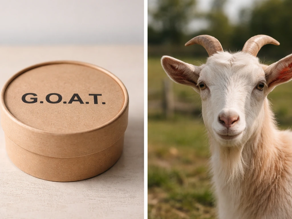 Split view showing a small “G.O.A.T.” product package on one side and a goat on the other.