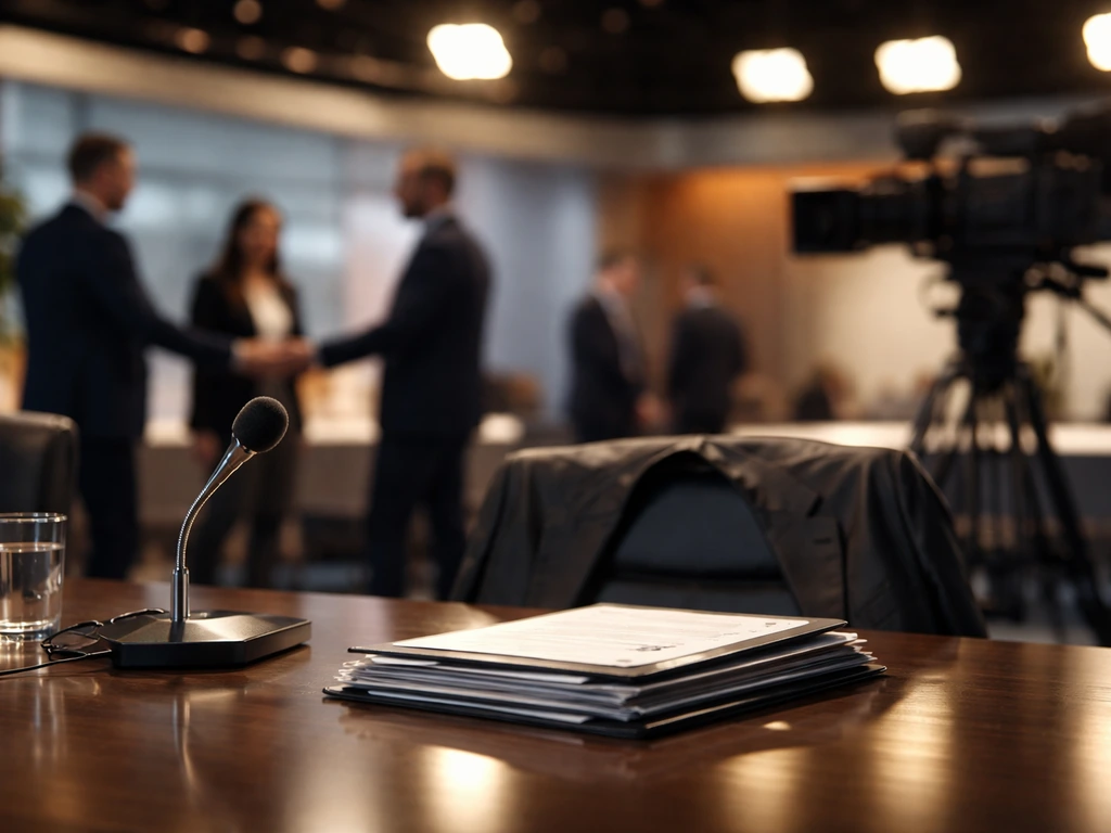Minimal TV studio business scene with microphone and investment papers on a conference table.
