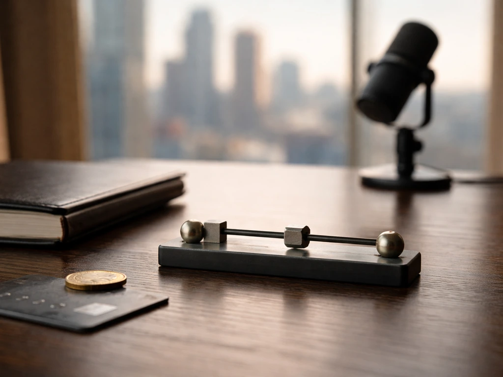 Close-up of an anonymous desk with a physical two-point slider and money/business items, suggesting net-worth range.