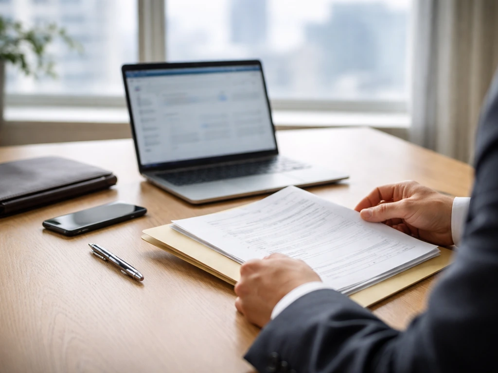Minimal deal-room scene with a laptop, paperwork, and a blurred city skyline backdrop suggesting M&A brokerage.