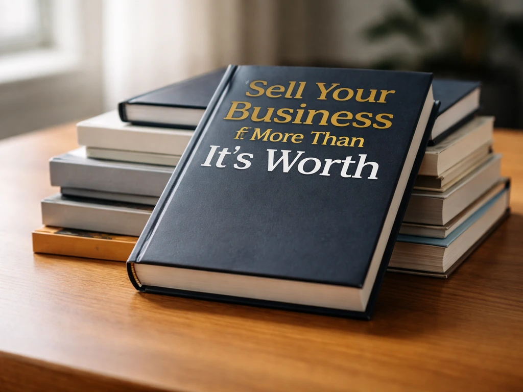 Close-up of a business book titled like “Sell Your Business for More Than It’s Worth” on a wooden desk