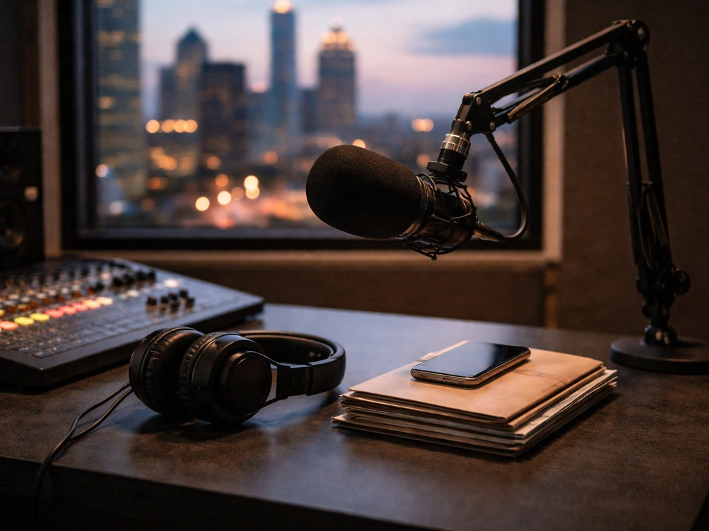 Minimal radio studio desk with microphone and headphones, softly blurred Atlanta skyline at dusk.