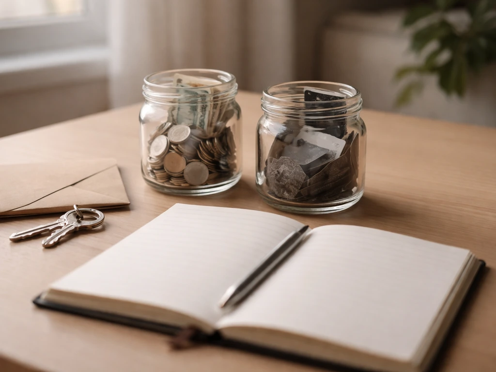 Tidy desk with two unlabeled glass jars—coins for assets and dark items for liabilities—suggesting net worth.