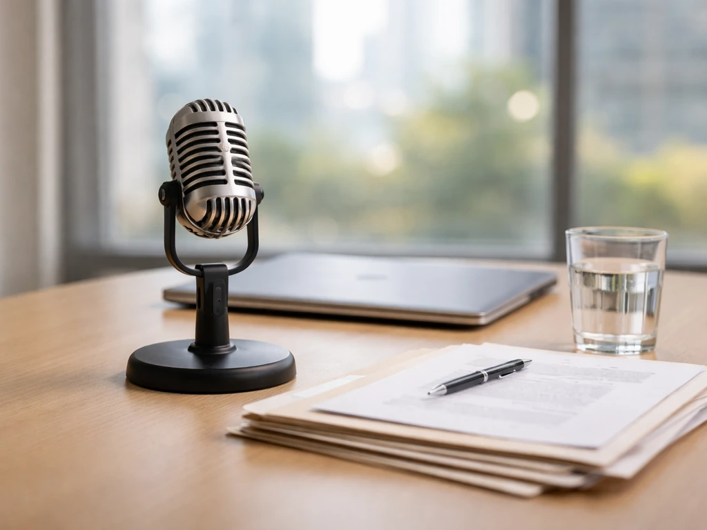 Minimal photo of a media executive desk setup with microphone and documents beside a window, symbolizing multiple income
