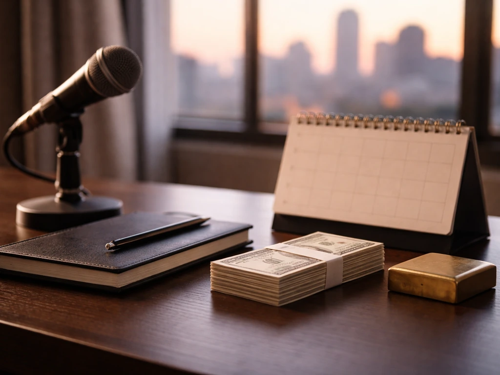 Minimal studio desk scene with subtle growth symbolism using cash, a calendar, and warm city-light background