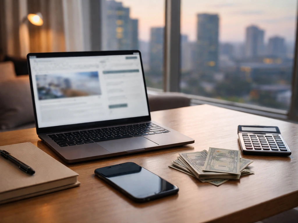 Minimal photo of a laptop and cash on a desk, suggesting net-worth verification for a China-based creator