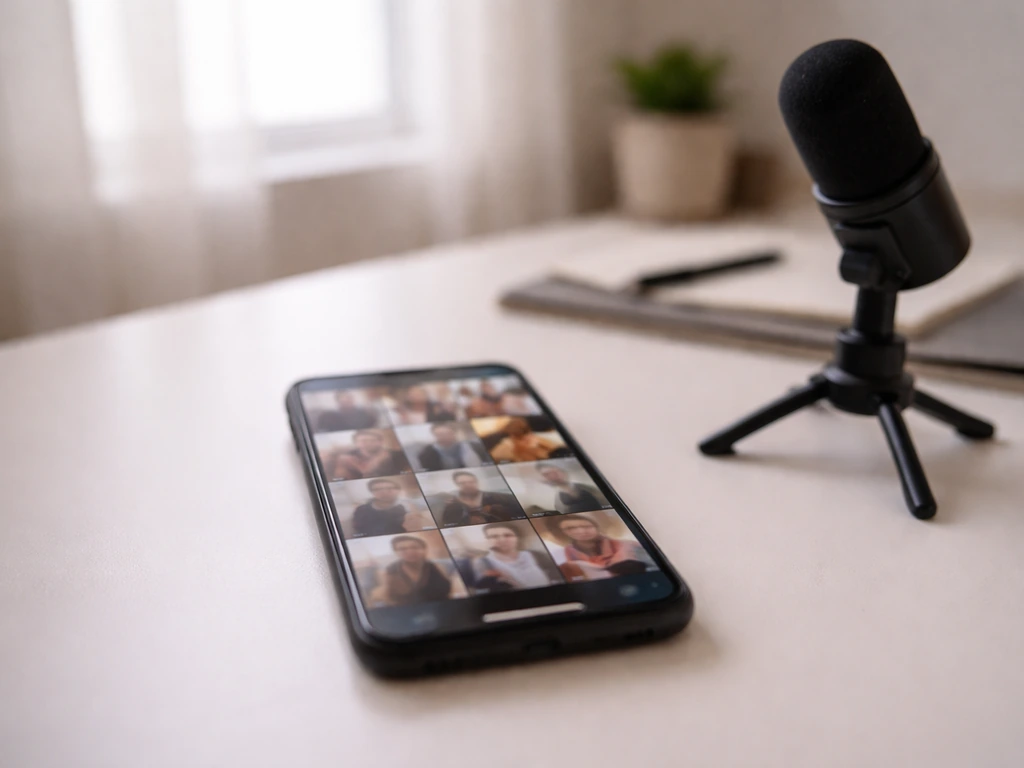 Minimal photo of a desk setup with a phone showing creator content thumbnails, suggesting identity match