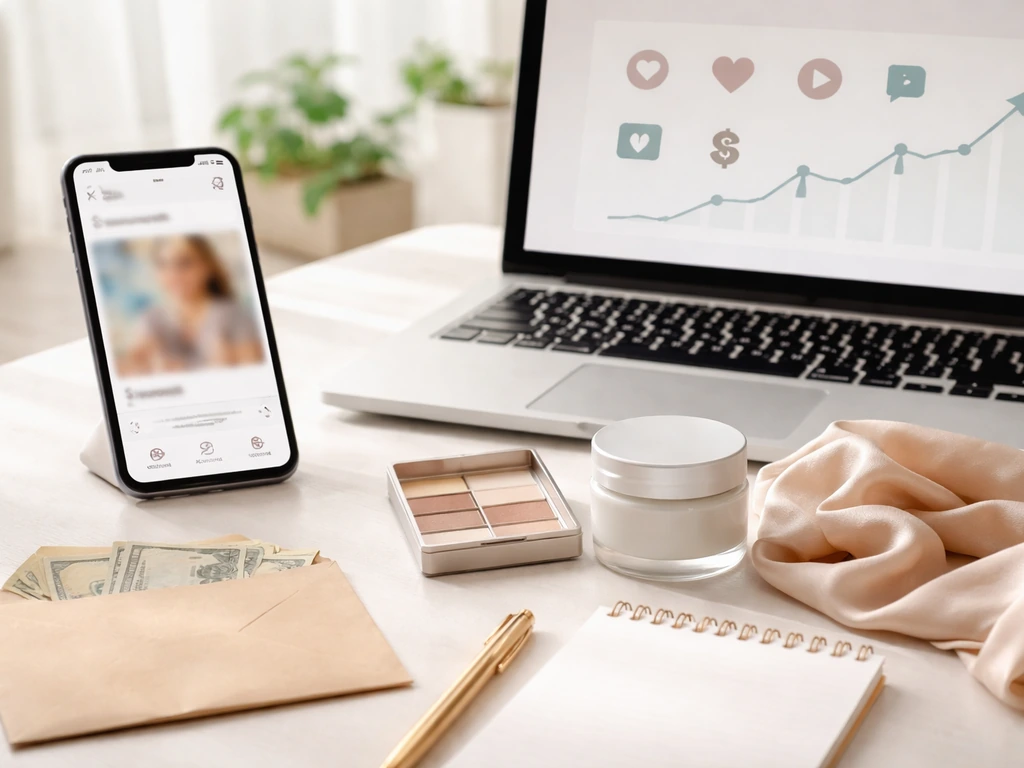 Minimal collage of a phone draft, generic influencer analytics, and unbranded brand deal items on a desk.