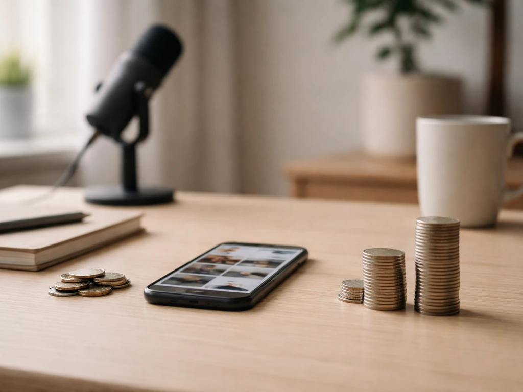 Minimal photo of a desk with a smartphone showing blurred video thumbnails and a rising stack of coins