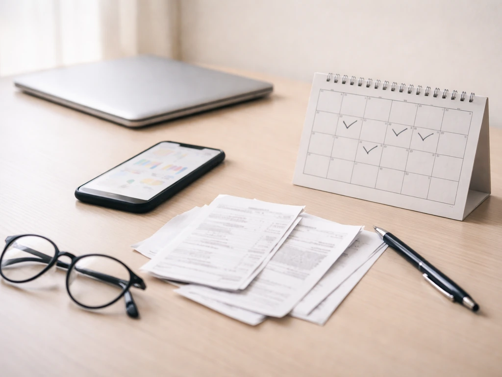 Minimal desk scene showing verification steps with multiple devices and a calendar, symbolizing cross-checking data